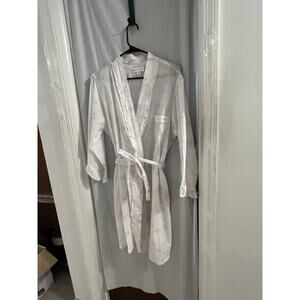 Eileen West White Purple Floral Embroidered 100% Cotton Wrap Robe L/XL